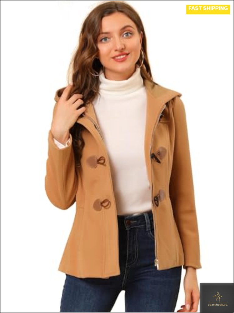 Casual Winter Peacoat Toggle Duffle Coat Hooded Zip Up Long Sleeve